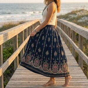 India Shisha Mirror Embroidered Maxi Skirt Boho Festival Hippie Navy Gypsy‎ L/XL